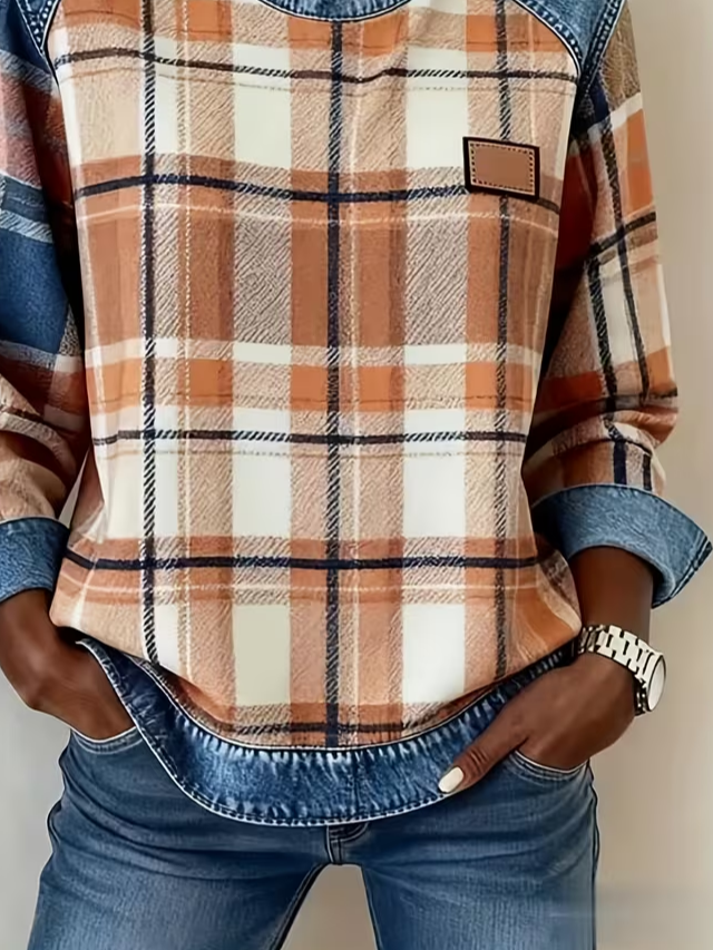 Women's Plaid Print Patchwork Denim Crewneck Long-Sleeved Sweatshirt