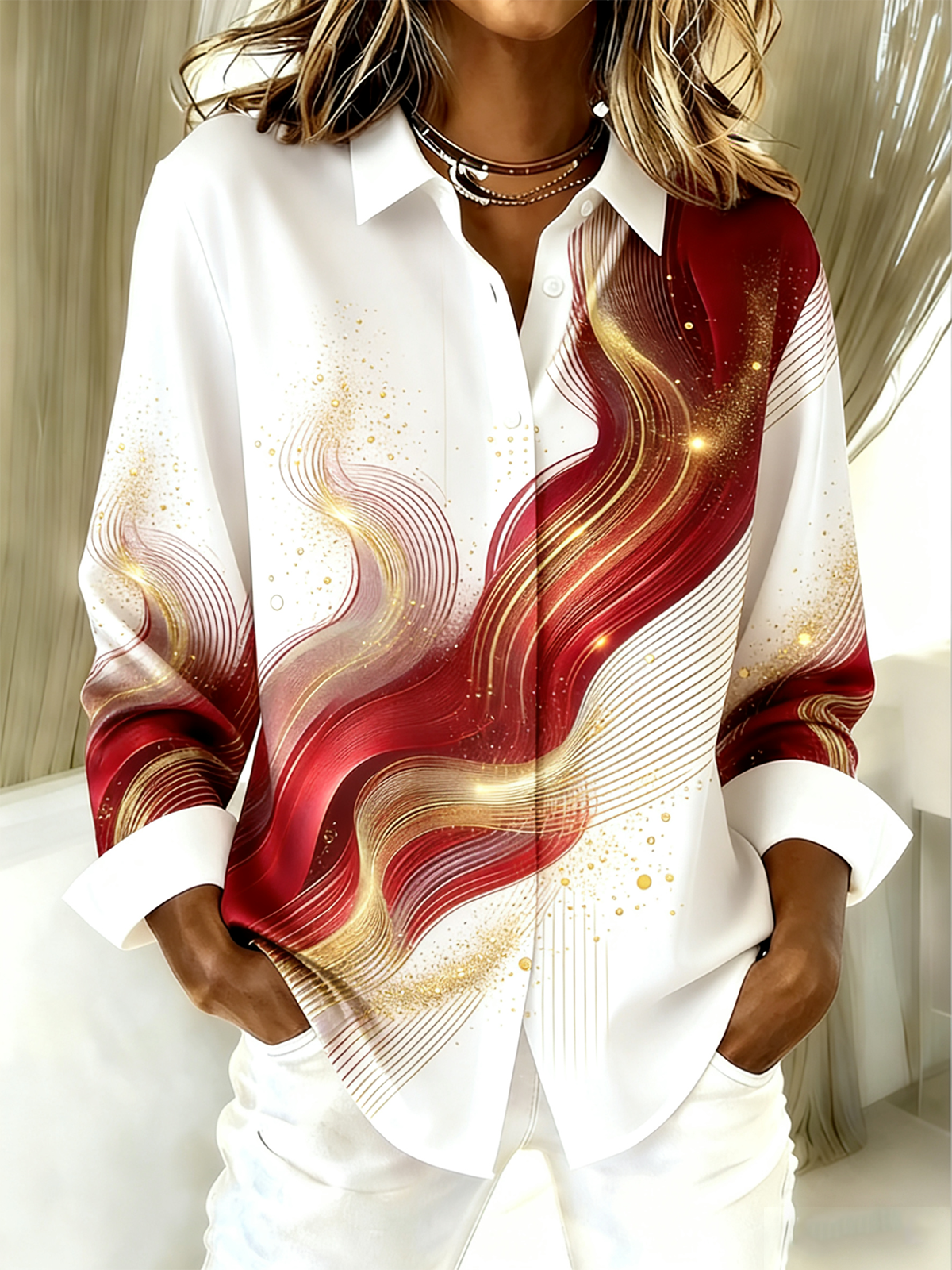 Chevron Casual Loose Shirt Collar Shirt