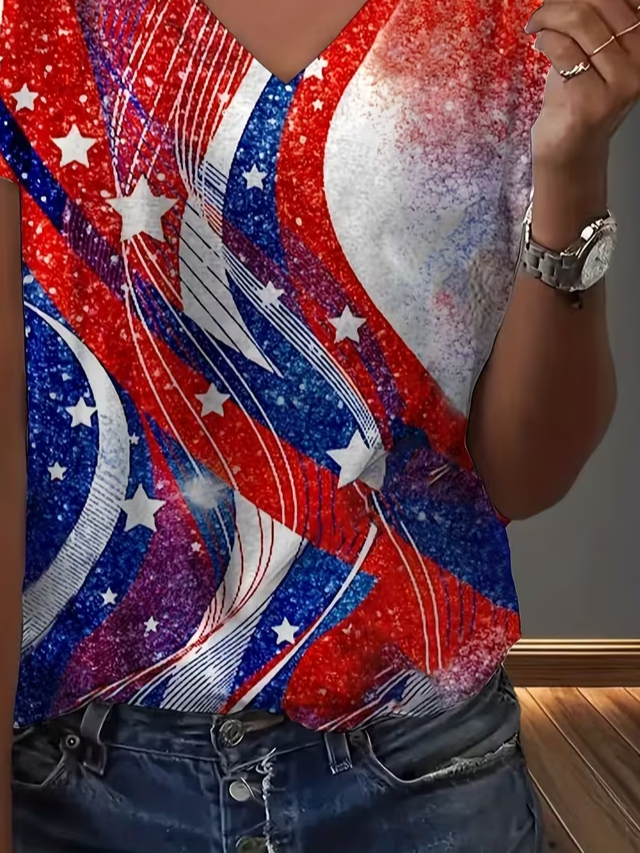 Women's Short Sleeve T-shirt Summer As Picture Star Printing V Neck Holiday Going Out Vintage Top