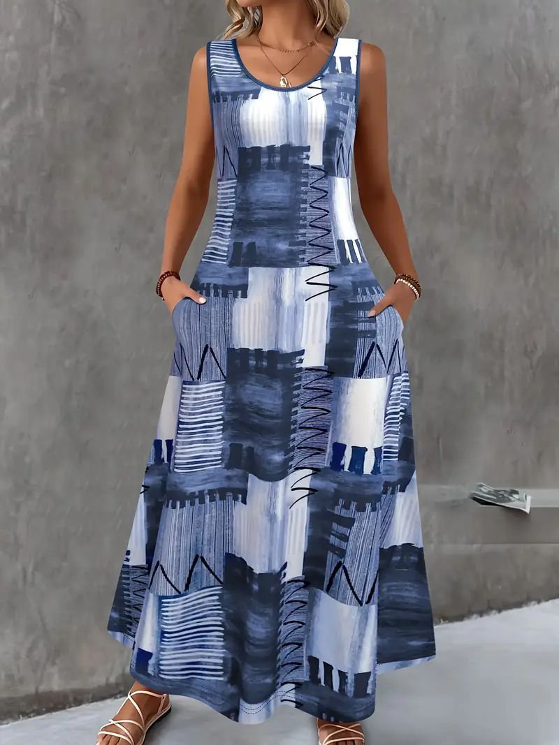 Elegant Geometric Crew Neck Loose Dress With No