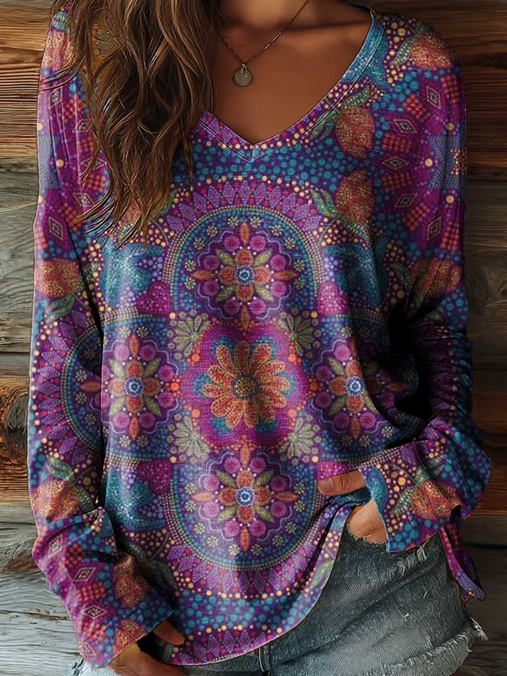 Women's Long Sleeve T-shirt Spring/Fall Purple Floral Printing Jersey V Neck Daily Going Out Casual Top