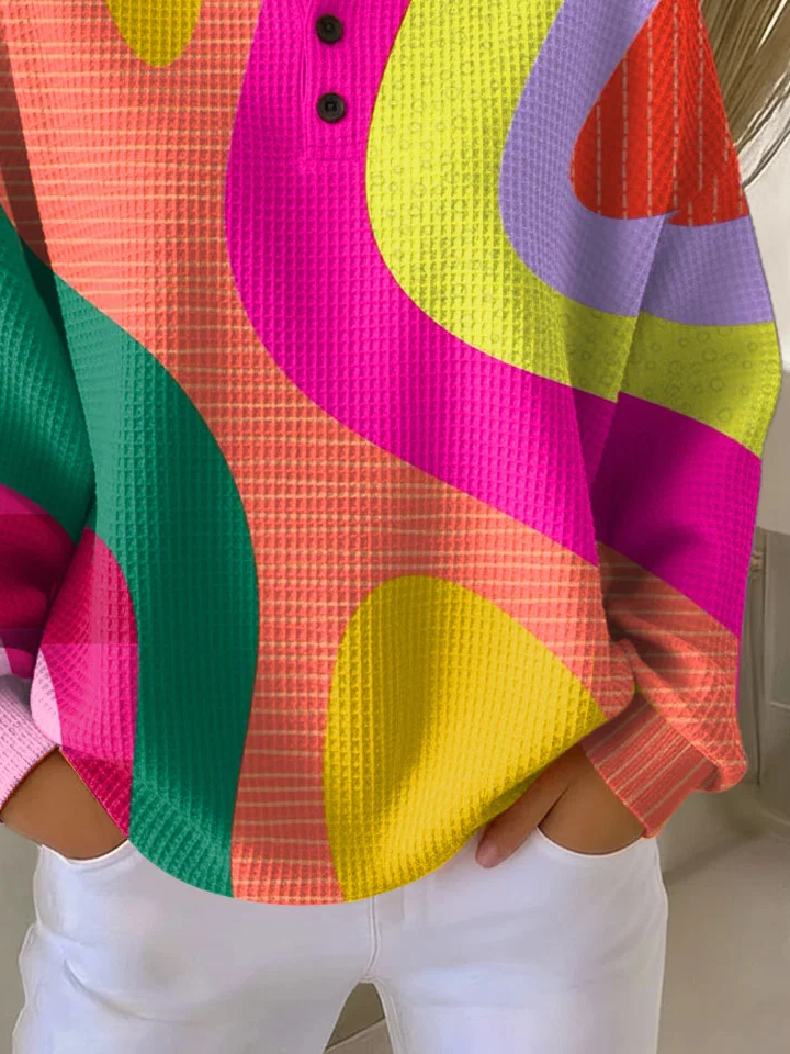 Women's Color Blocking Print Button-Up Casual Waffle Knit Sweatshirt