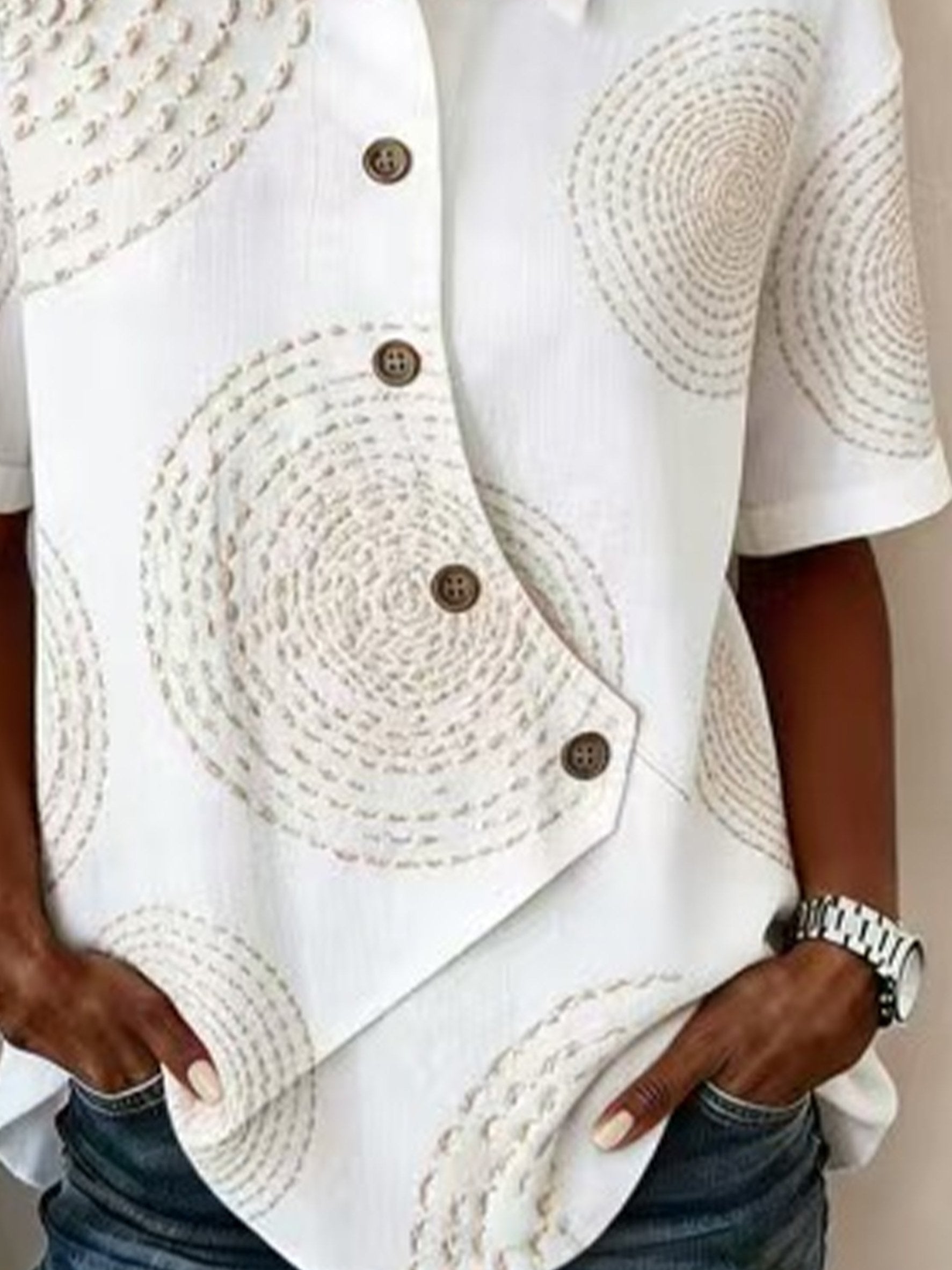 3D Printing Cotton And Linen Shawl Collar Short Sleeve Asymmetry Placket Design Button Summer Going Out Casual Shirt