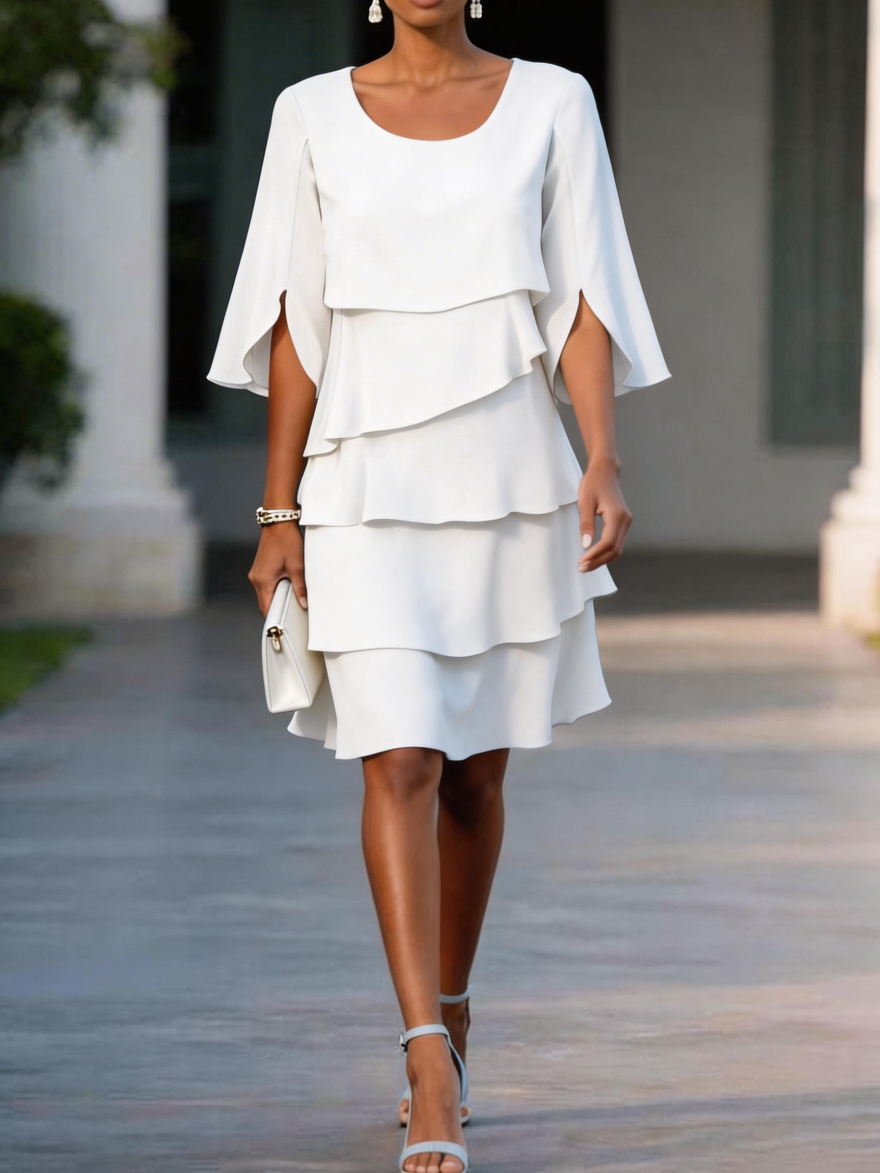 Women's Light Blue Layered Ruffle Dress Round Neck 3/4 Split Sleeve Casual Shift Dress