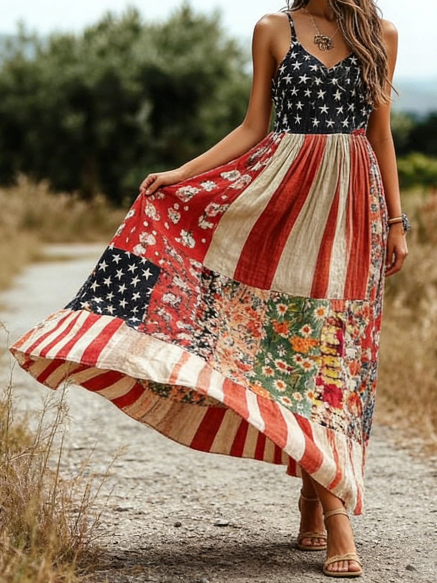 Women Floral America Flag Summer Dress V Neck Sleeveless A-Line Dress