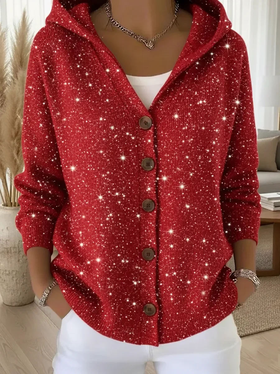 Women's Casual Christmas Party Sequin Print Button-Up Hooded Cardigan