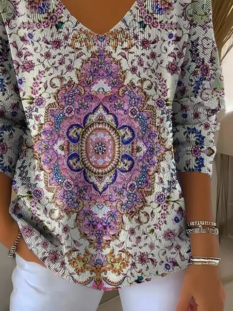 Women's Long Sleeve T-shirt Spring/Fall Purple Ethnic Printing V Neck Daily Going Out Casual Top