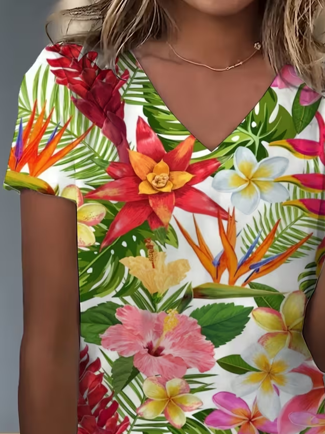 Women's Short Sleeve T-shirt Summer As Picture Floral Printing V Neck Holiday Going Out Vintage Top