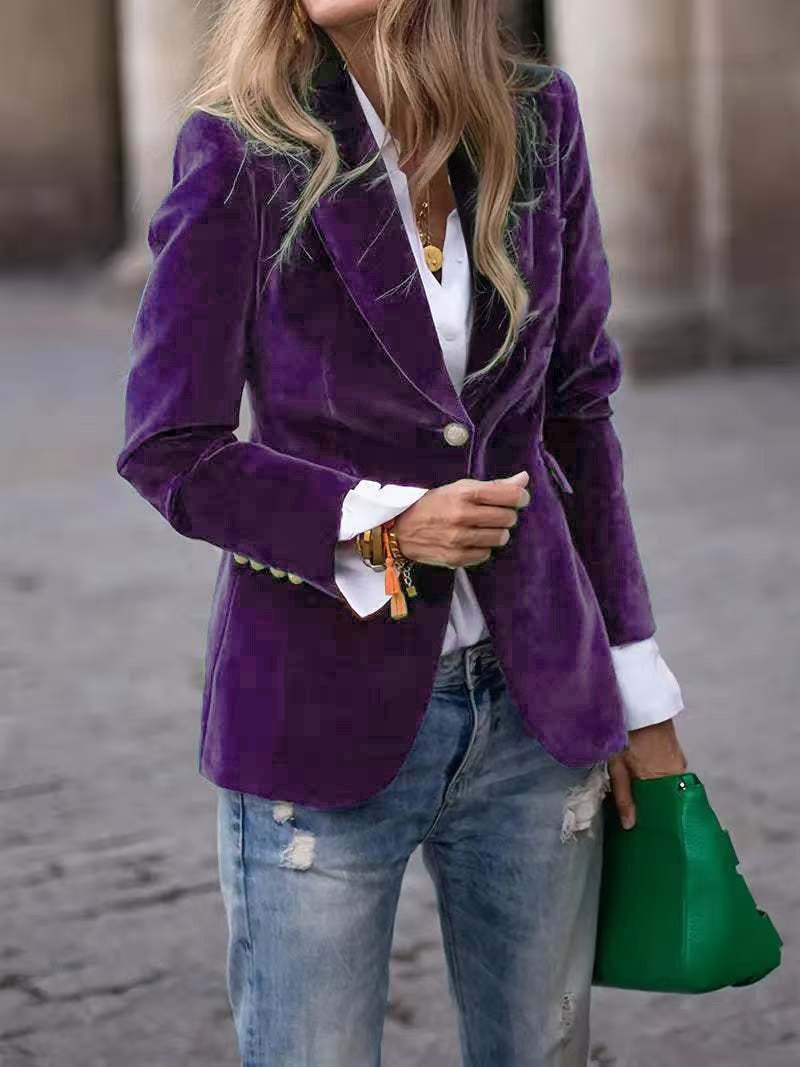Pleuche Dressy Split Joint Lapel Collar Plain Blazer