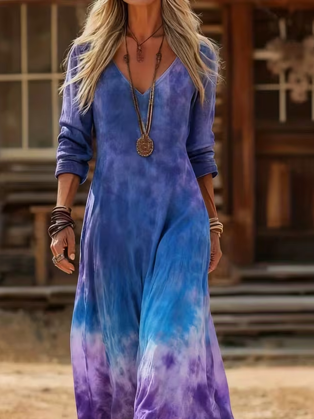 Women's Long Sleeve Spring/Fall Purple Ombre Printing V Neck Daily Going Out Vintage Maxi H-Line Dress