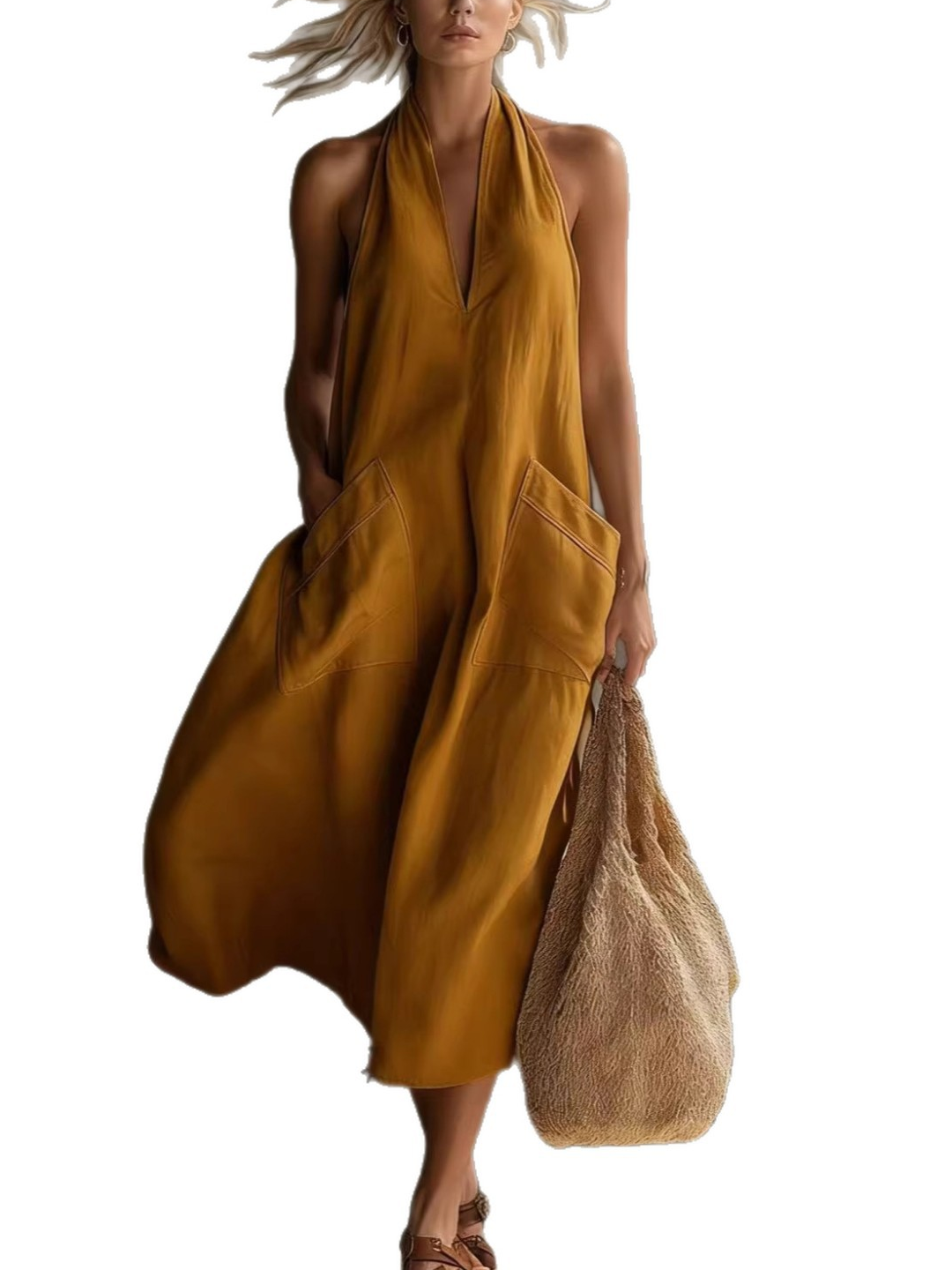Casual Plain V Neck Midi Dress