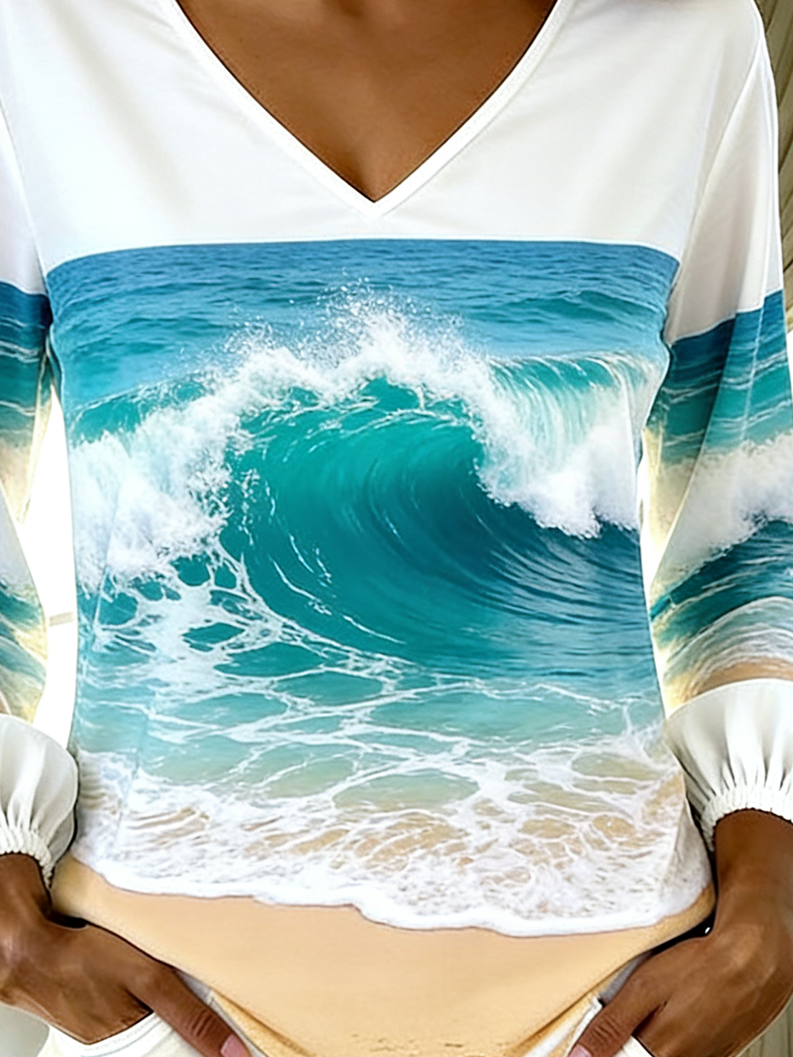 Loose Chevron Casual V Neck T-Shirt