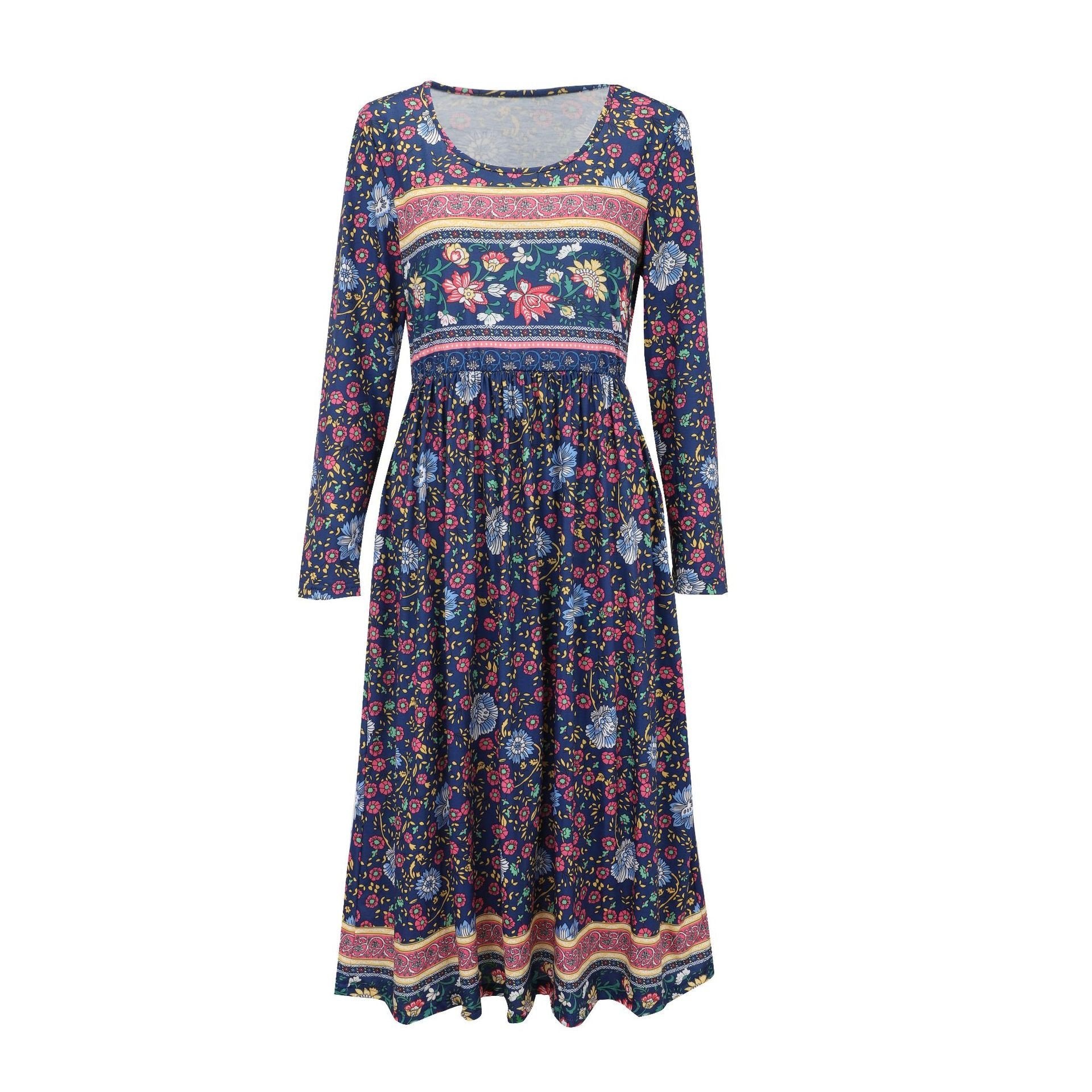 Floral Vintage Loose Crew Neck Dress With No