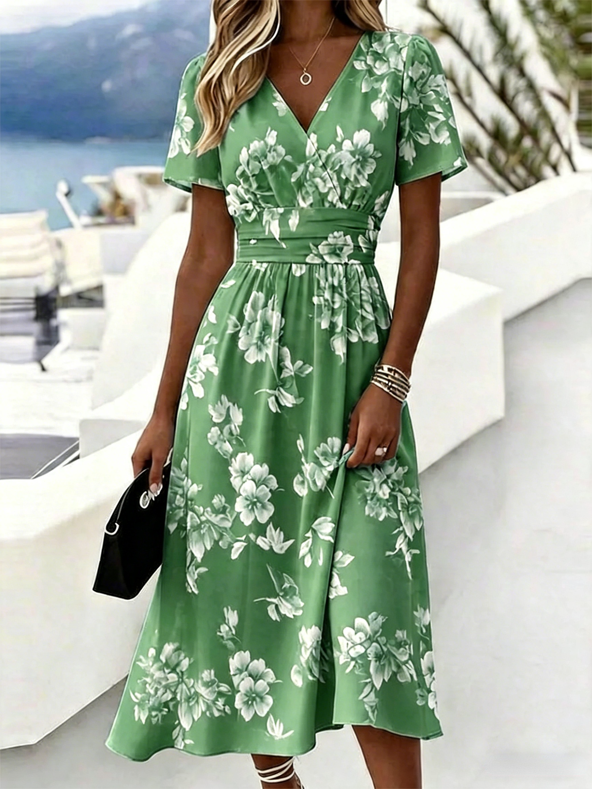Women’s Light Blue Floral Print Wrap V Neck Midi Dress Boho Summer Dress