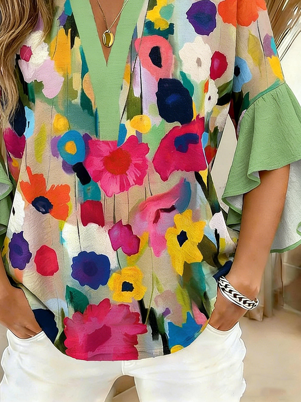 Vintage V Neck Botanical Pattern Loose Shirt