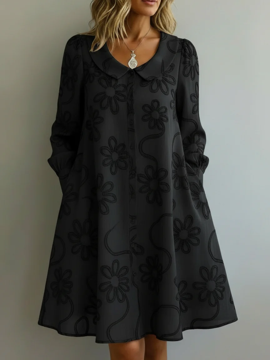 Light Blue Floral Printed Long Sleeve Button-Down Midi Dress