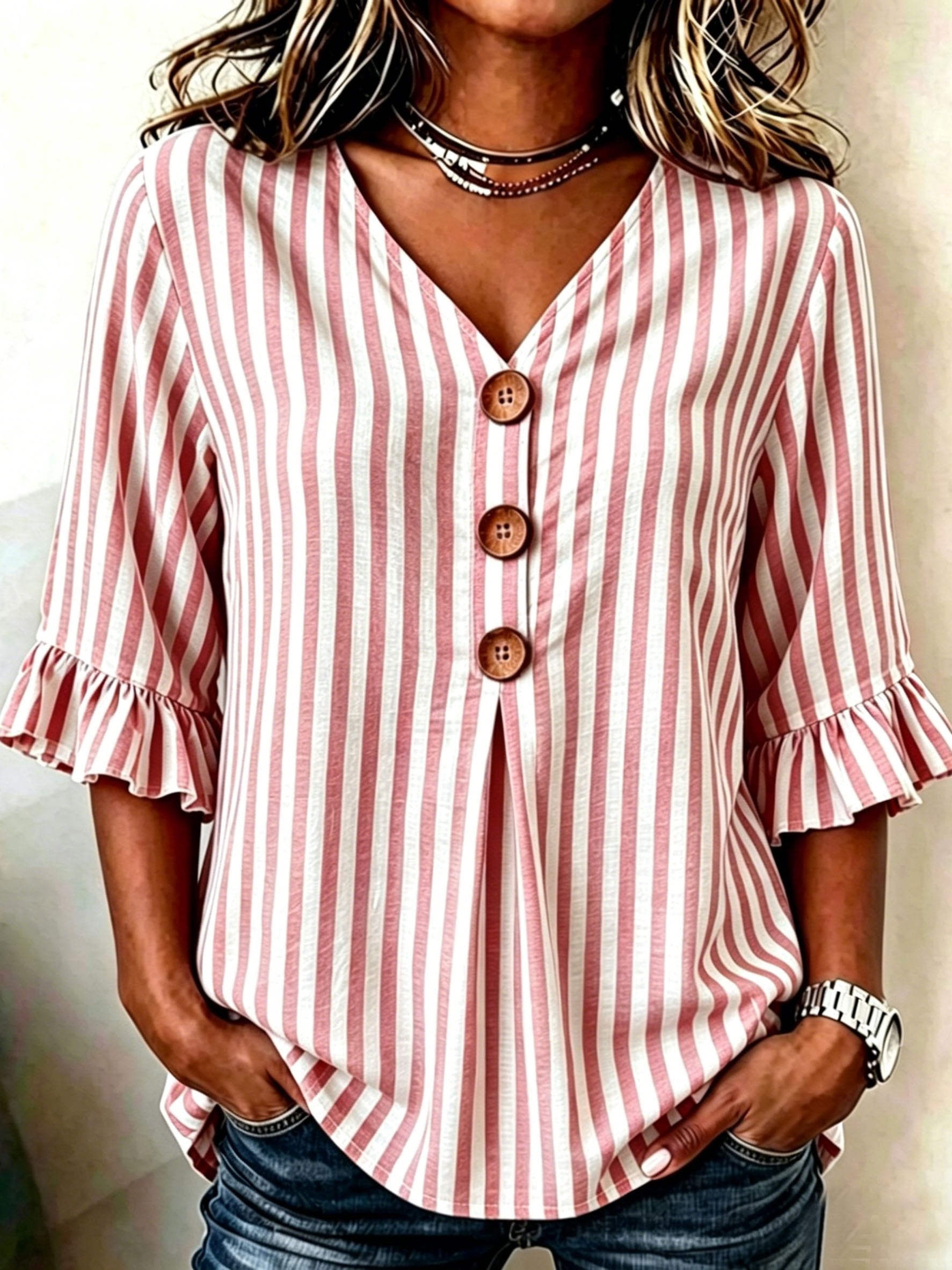 Blue Striped V Neck Ruffle Short Sleeve Button Daily Going Out Casual Blouse
