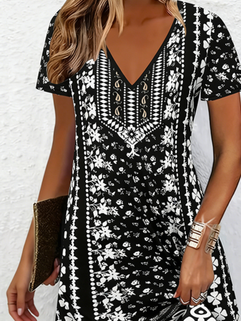Women's Short Sleeve Summer Black Abstract Printing V Neck Daily Going Out Casual Knee Length H-Line T-Shirt Dress Dress