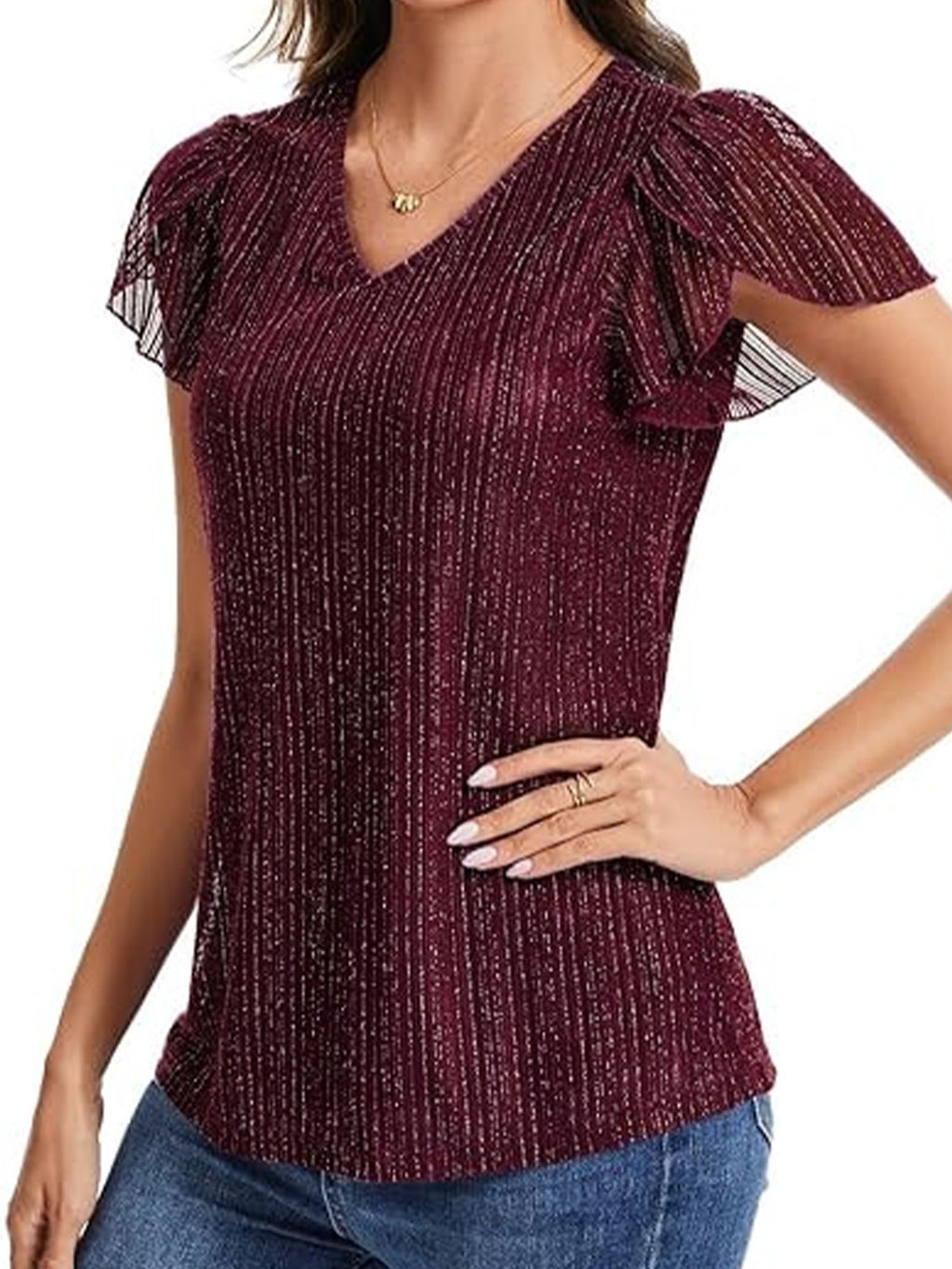 Women's Glitter V Neck Short Sleeve Top Summer Going Out Party Elegant T-Shirt