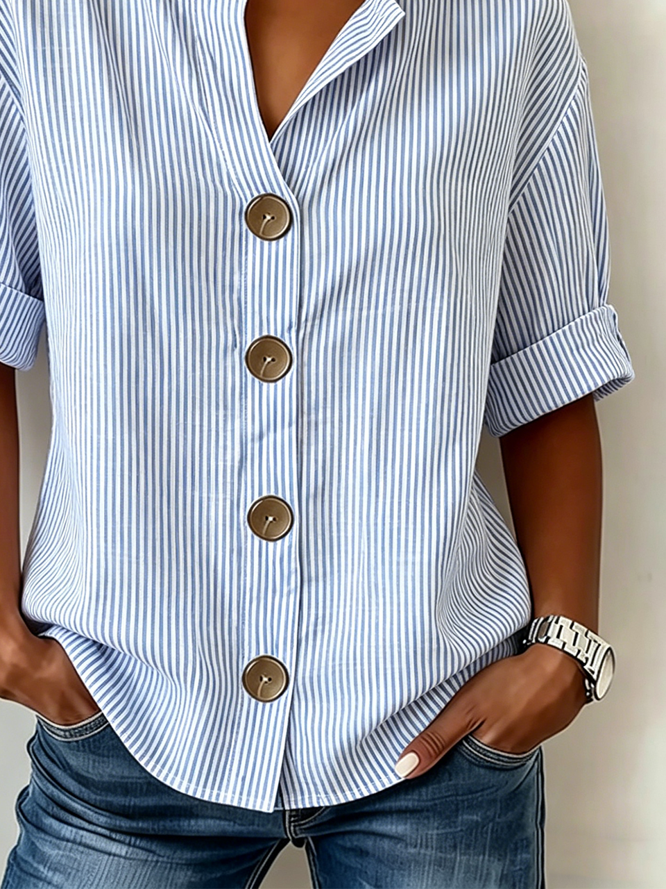 Linen Blend Striped V Neck Simple Shirt