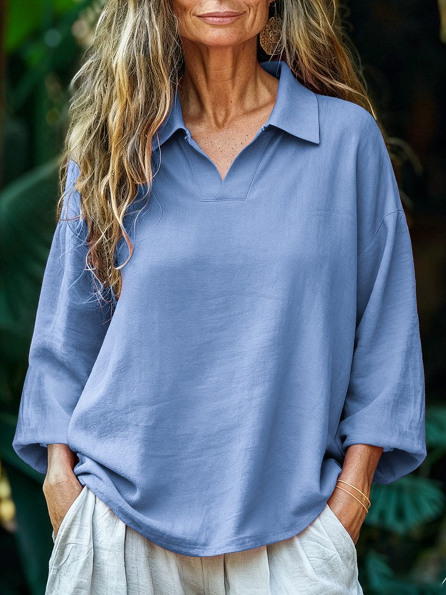Casual Plain Polo Collar Blouse