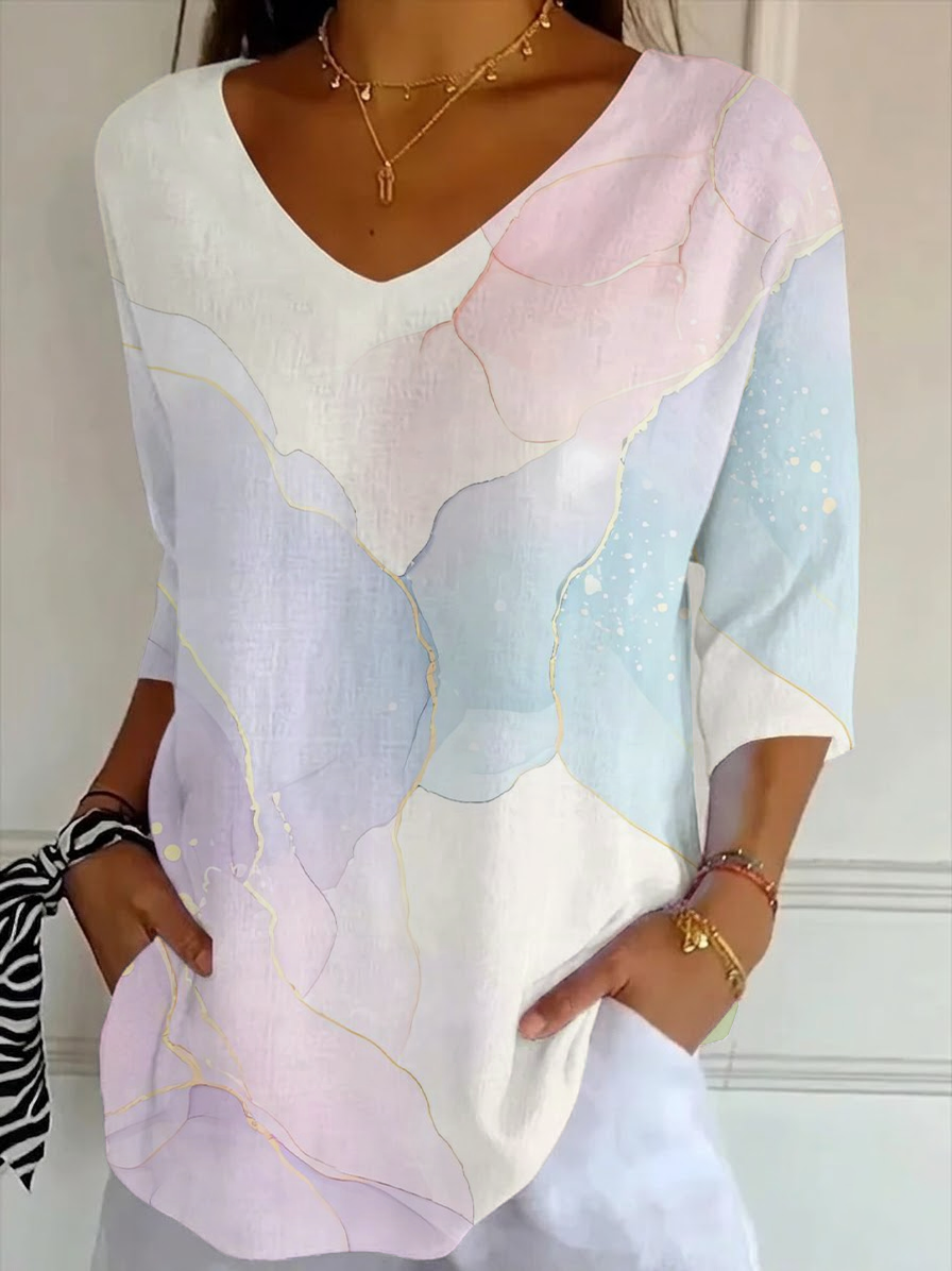 Women's Three Quarter Sleeve T-shirt Spring/Fall As Picture Abstract Printing V Neck Daily Going Out Casual Top