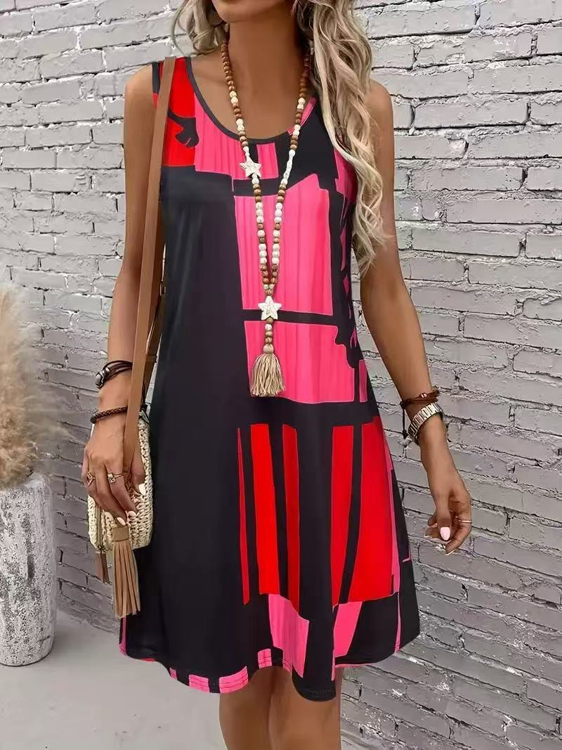 Abstract Print Crew Neck Sleeveless Going Out Casual Dress