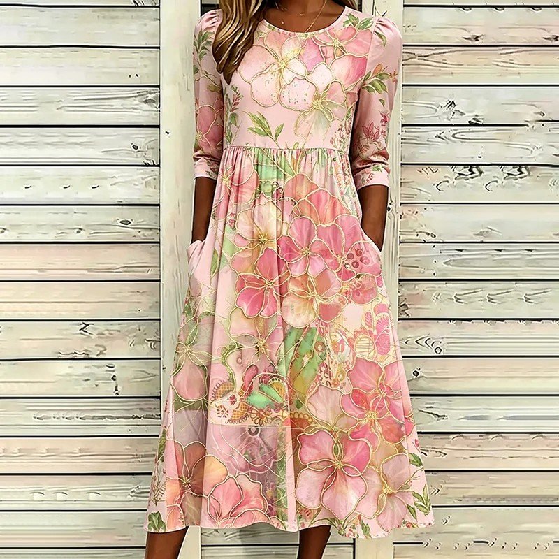 Elegant Crew Neck Loose Floral Dress With No