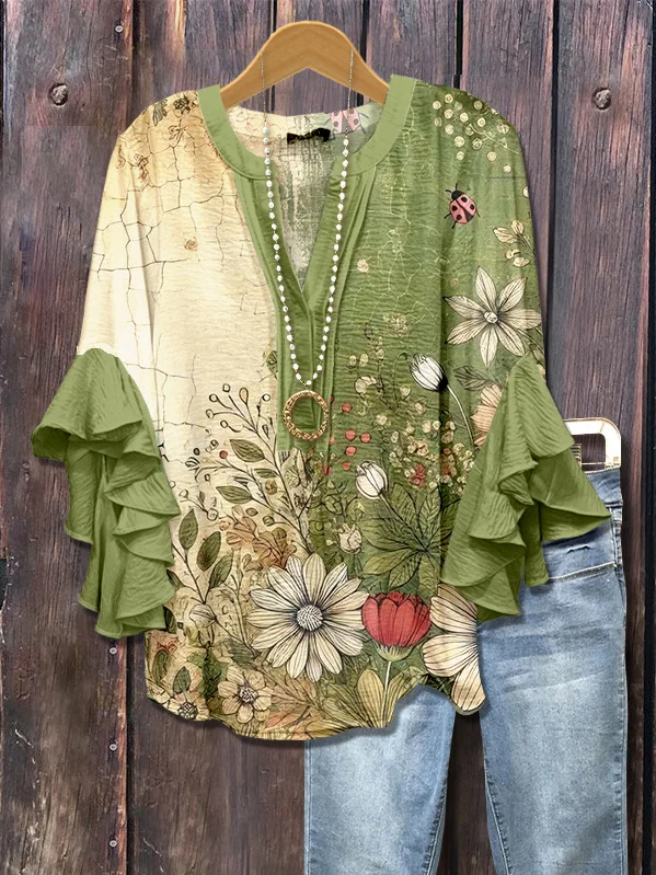 Women's Half Sleeve Shirt Summer Green Floral Printing V Neck Daily Going Out Casual Top