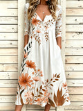 Botanical Print Half Sleeve Round Neck Button A-Line Vintage Casual Dress