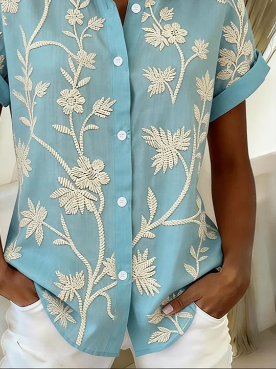 Women's Short Sleeve Shirt Summer Blue Floral Printing Shirt Collar Daily Going Out Casual Top