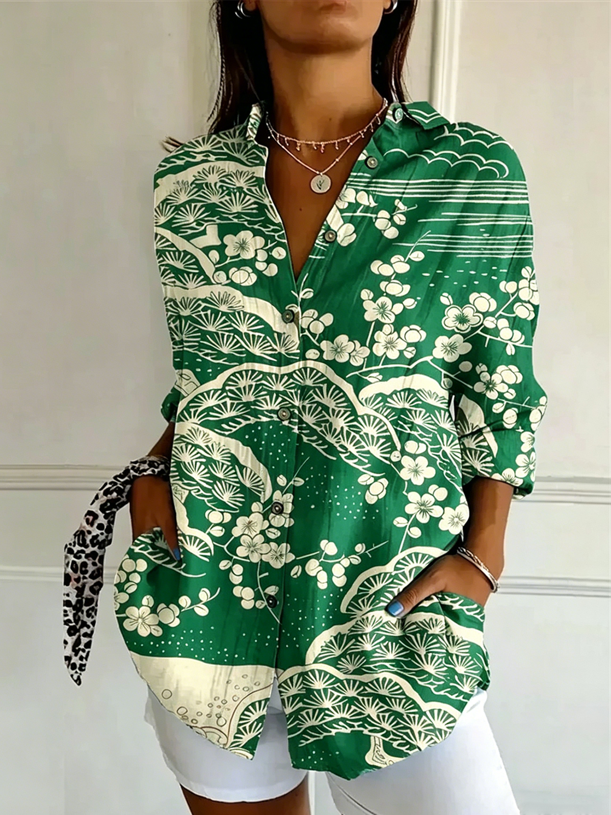 Botanical Pattern Shirt Collar Vintage Shirt