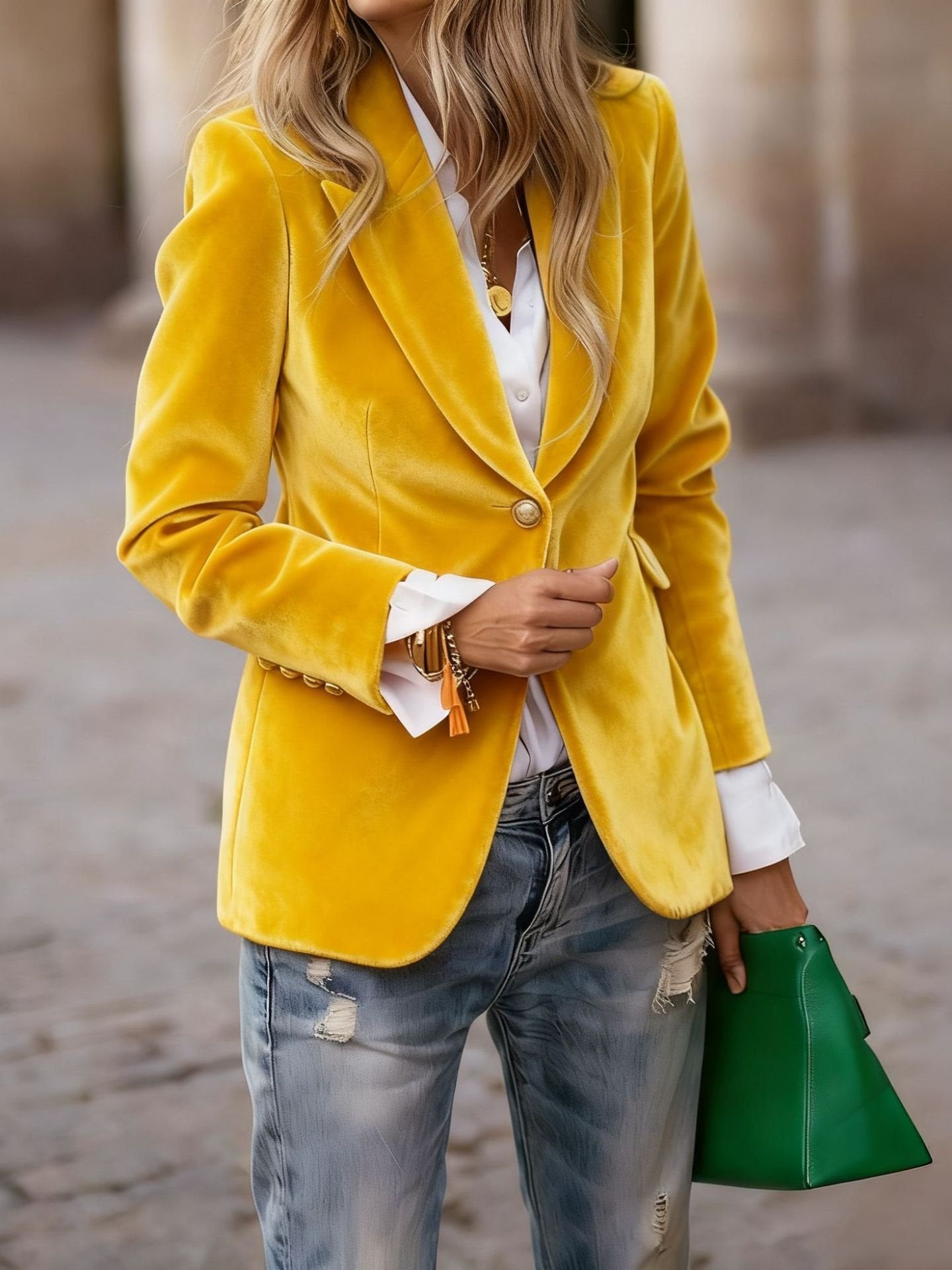 Pleuche Dressy Split Joint Lapel Collar Plain Blazer