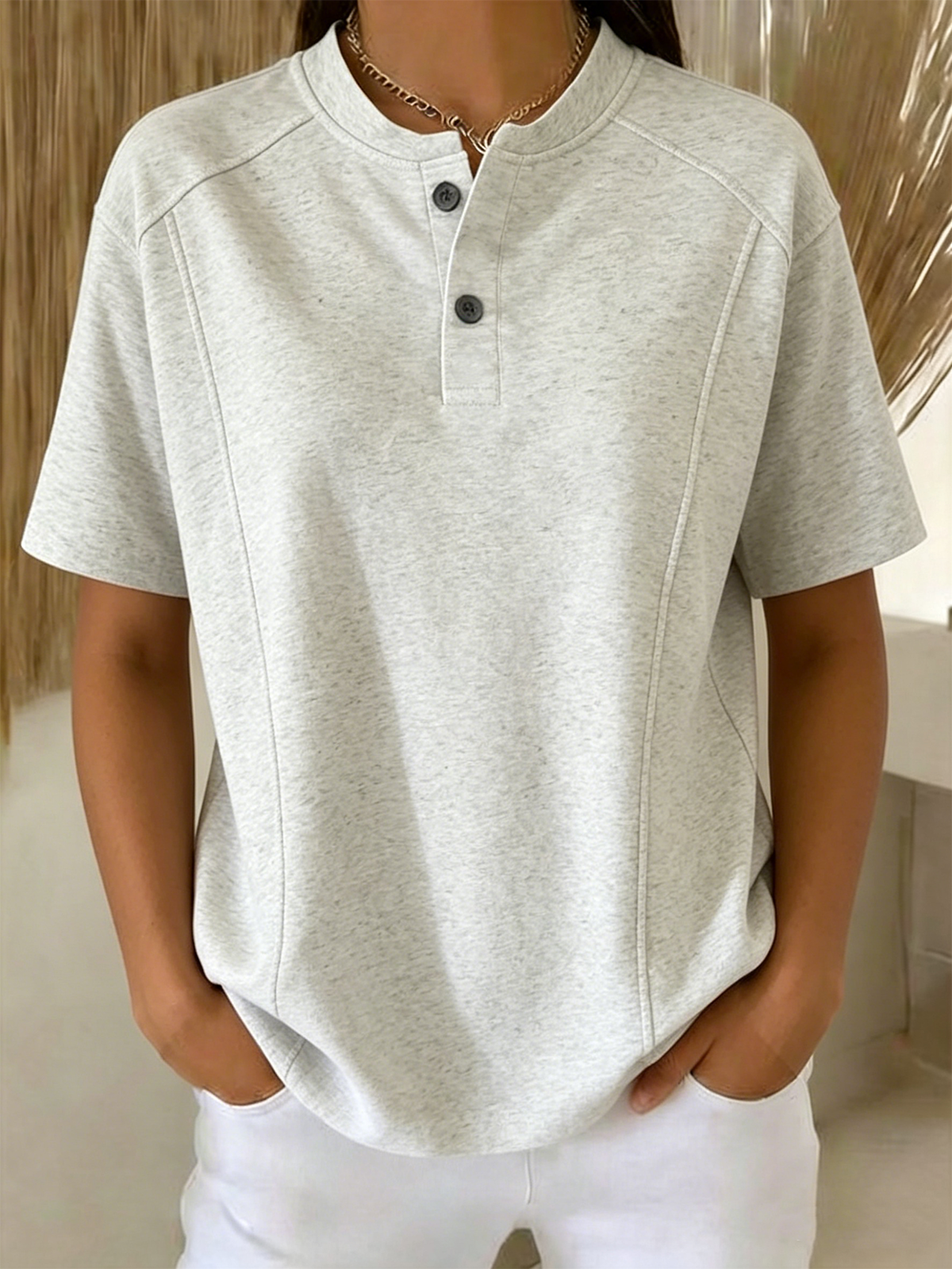 Polyester Cotton Henley Collar Plain Casual T-Shirt