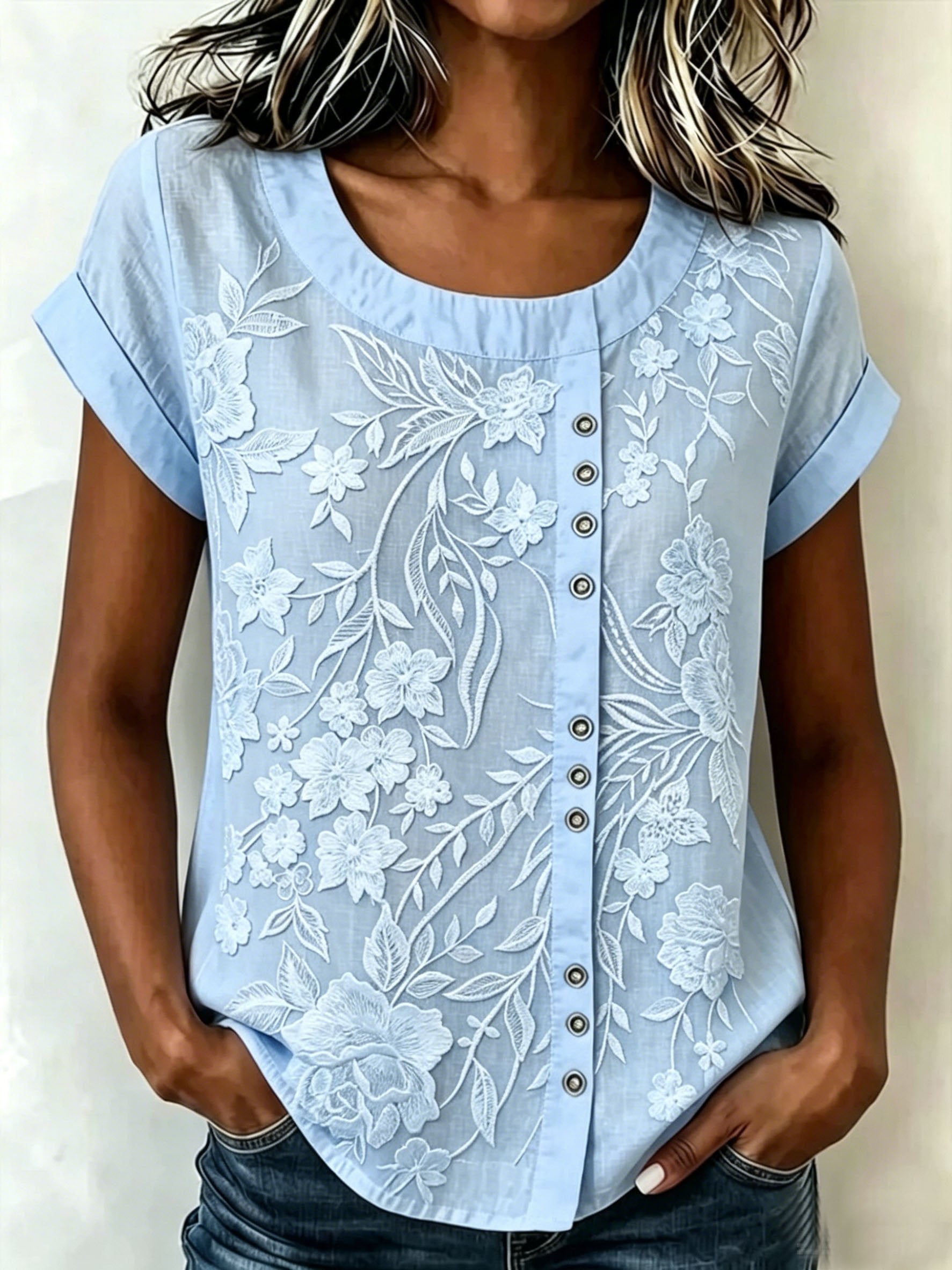 3D Printing Casual Linen Blend Crew Neck Loose Casual Top