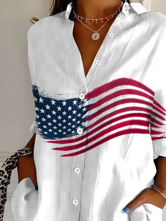 Women's Long Sleeve Shirt Spring/Fall White America Flag Buckle Shirt Collar Regular Sleeve Daily Going Out Casual Top