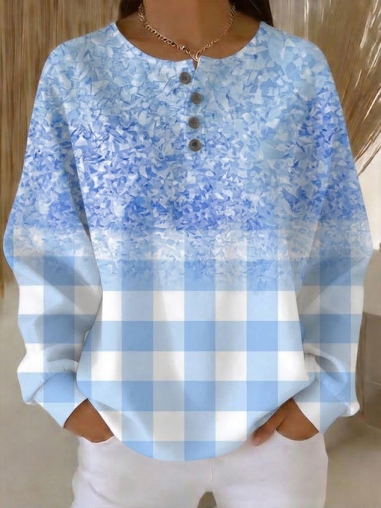 Women's Pink Ombre & Gingham Print Long Sleeve Henley Neck Casual Sweatshirt with Buttons