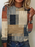 Women's Crew Neck Long Sleeve T-Shirt with Geometric Colorblock Pattern