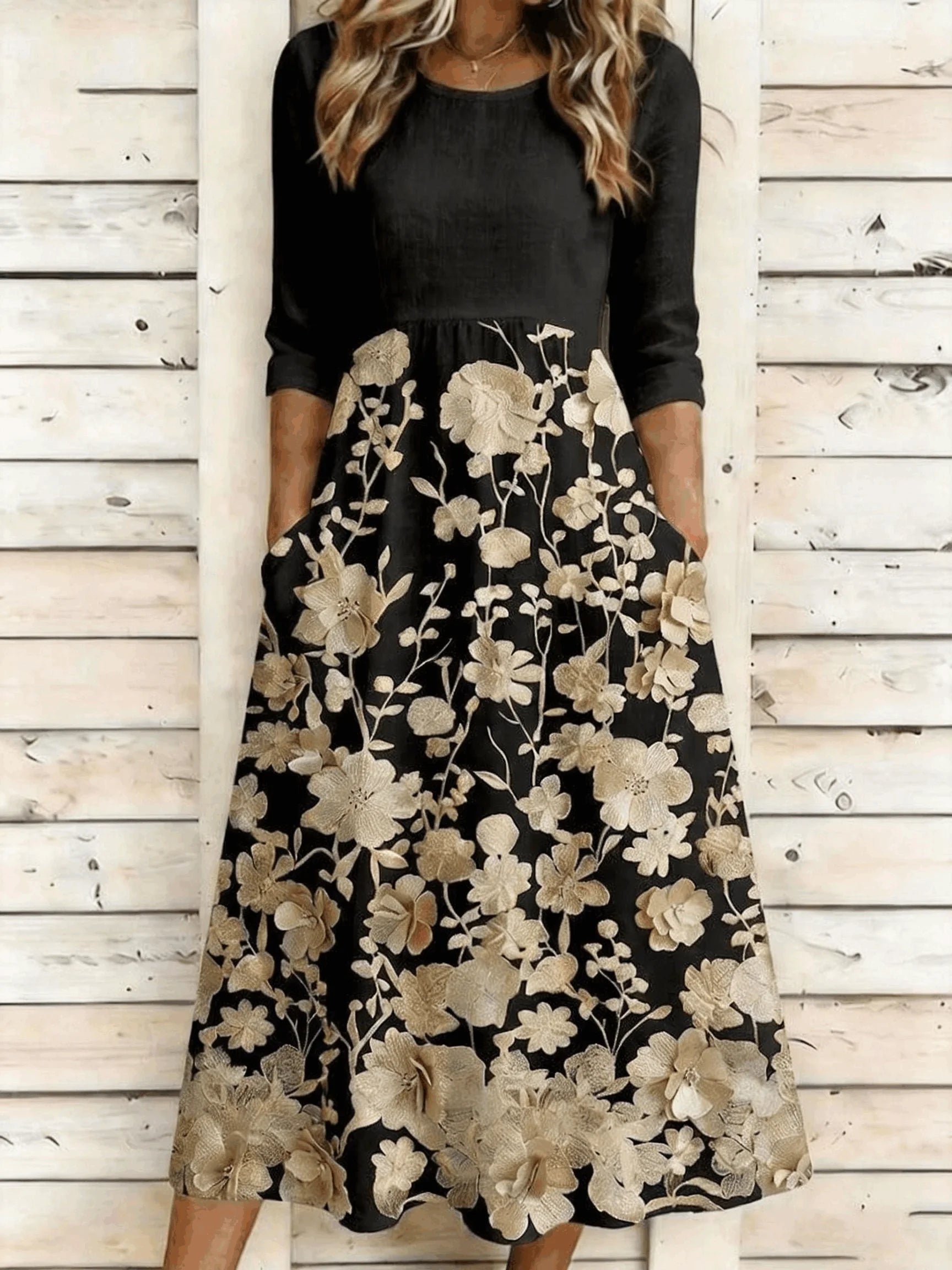 Women's Floral Print 3/4 Sleeve Round Neck A-Line Maxi Dress with Pockets