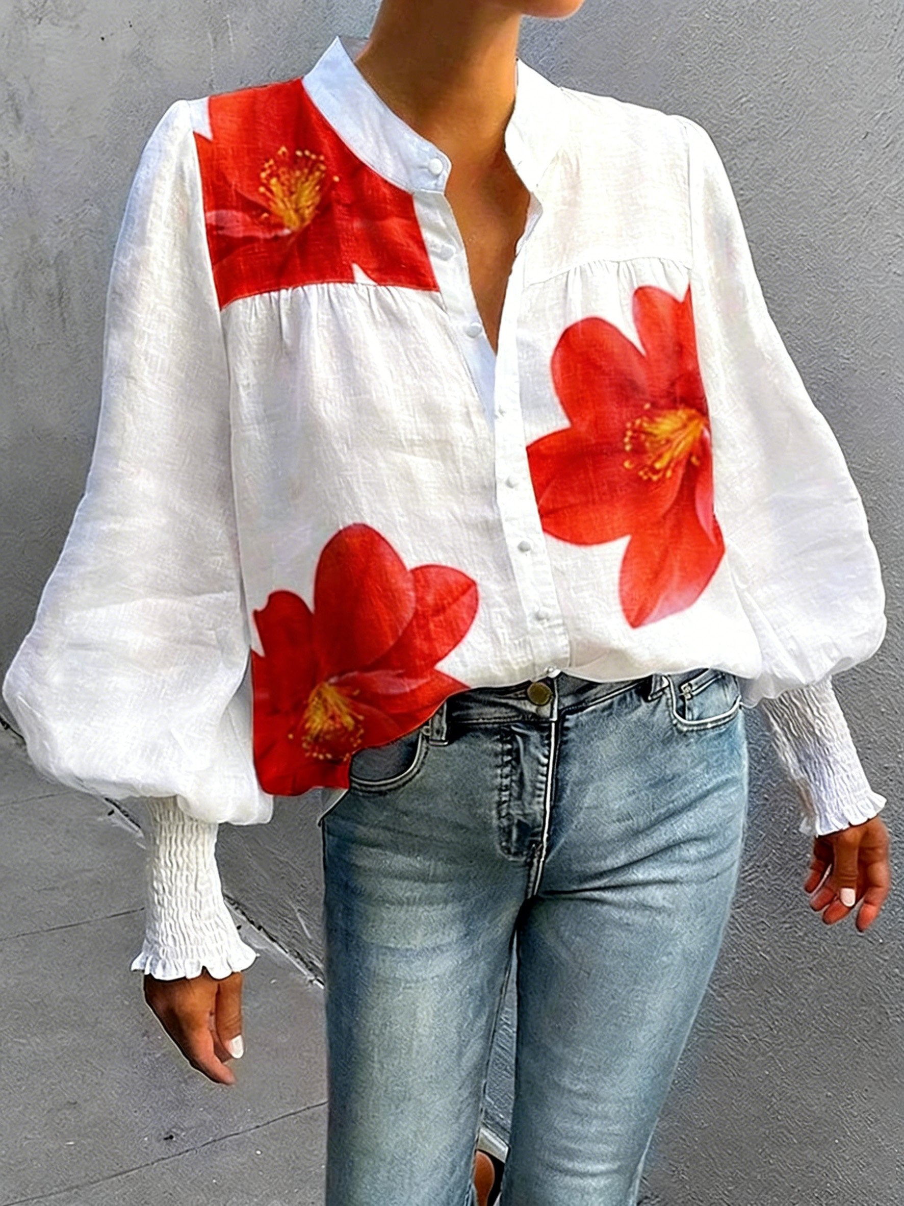3D Printing Big Scale Flower Printing Long Sleeve Smock Cuff Stand Collar Loose Going Out Casual Shirt