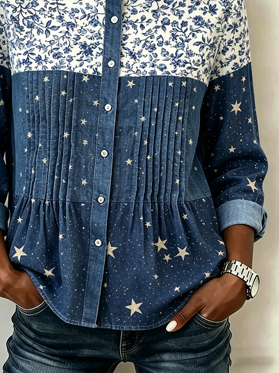 Elegant Linen Blend Floral Ruched Shirt