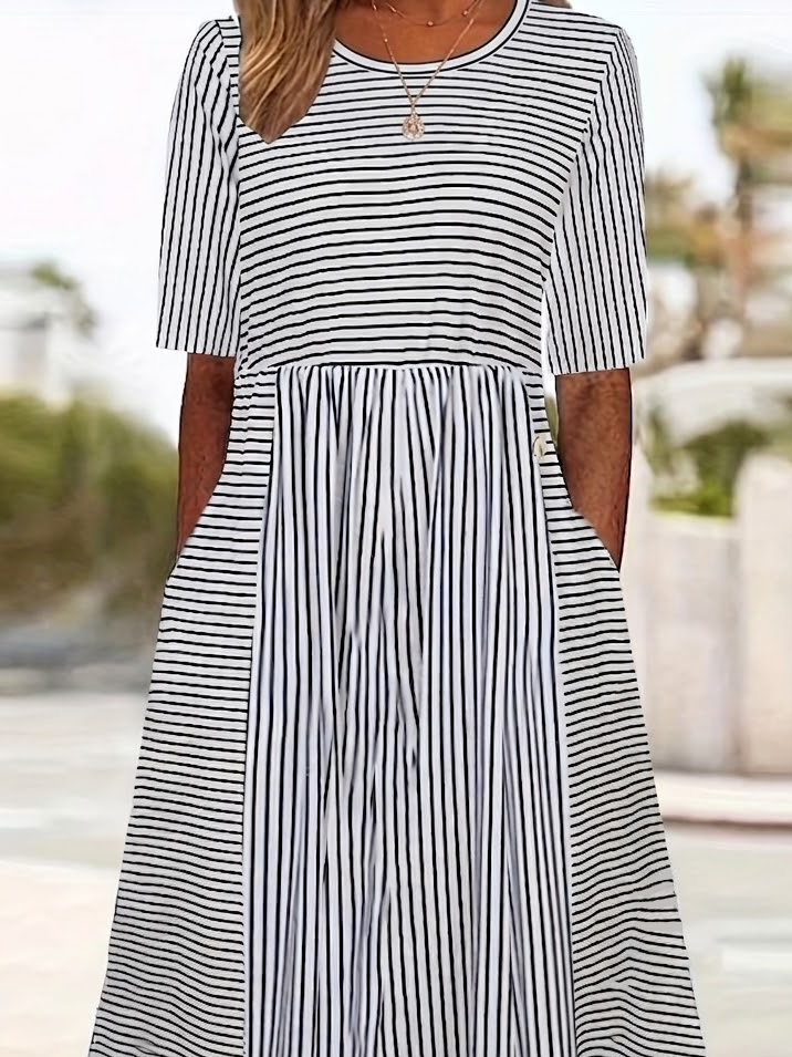 Women's Short Sleeve Summer White Striped Printing Crew Neck Daily Going Out Casual Maxi H-Line Shift Dress Dress