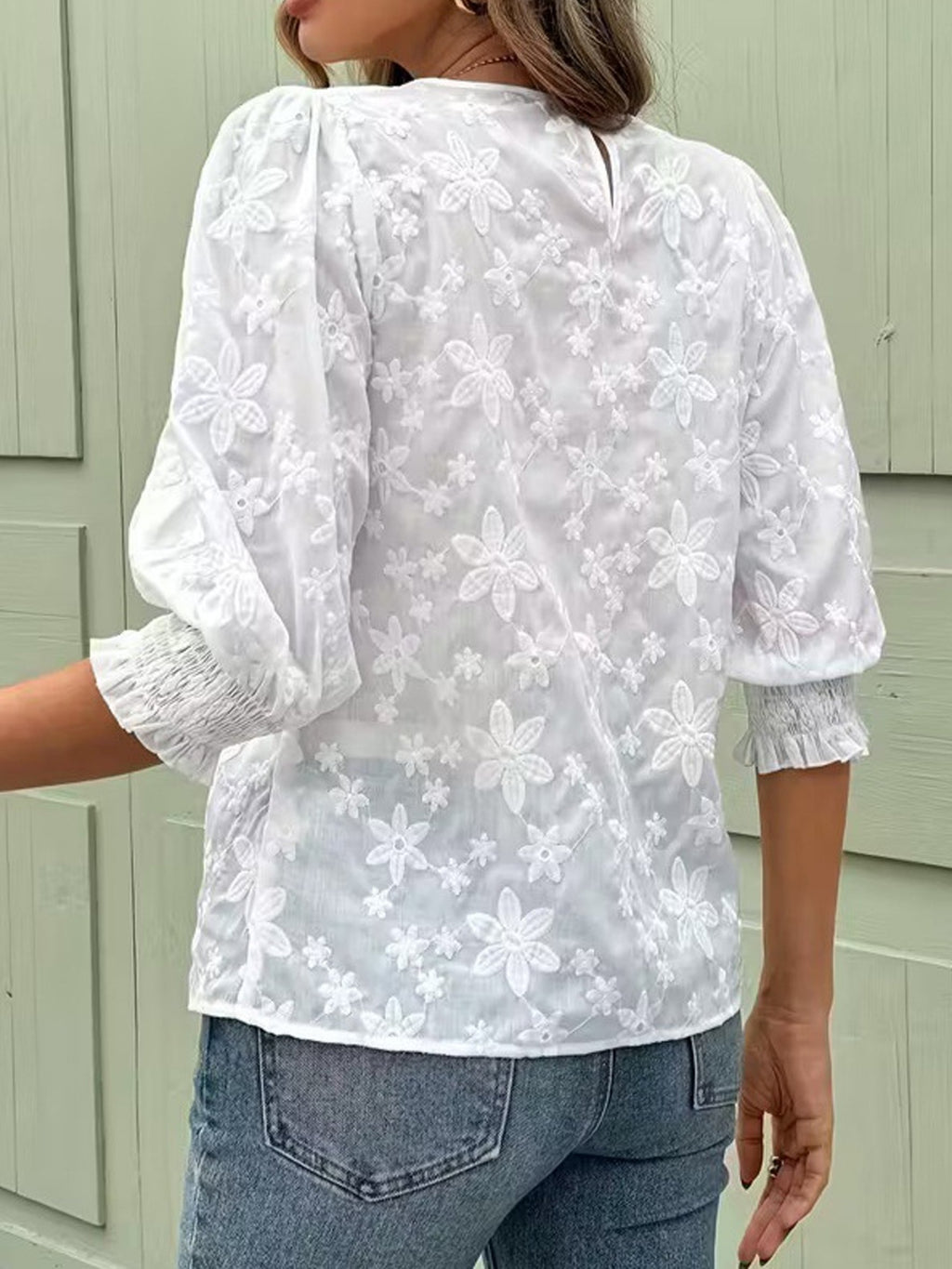 Embroidery Pattern Floral Round Neck The Quarter Sleeve Smock Cuff Casual Top
