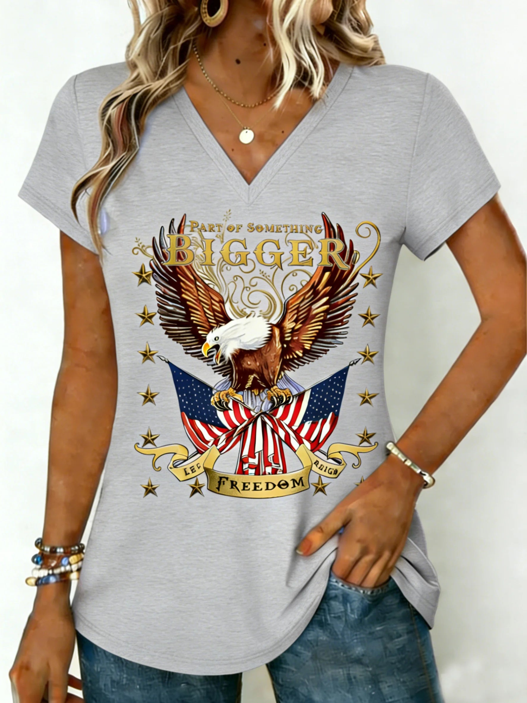 Letter Print V Neck Short Sleeve 250th Anniversary Casual T-Shirt