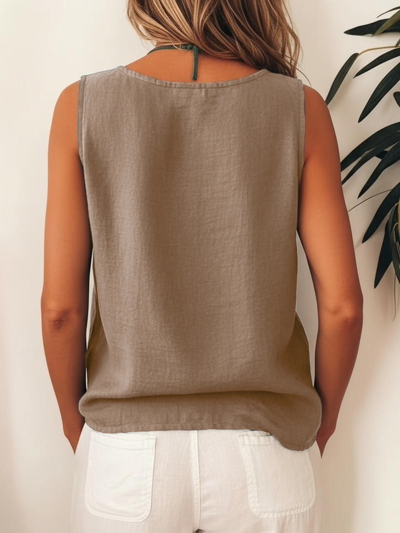 Plain Viscose Round Neck Sleeveless Button Summer Casual Boho Top