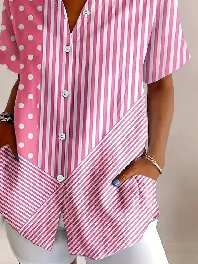 Women's Short Sleeve Shirt Summer Pink Striped Printing Shirt Collar Daily Going Out Casual Top