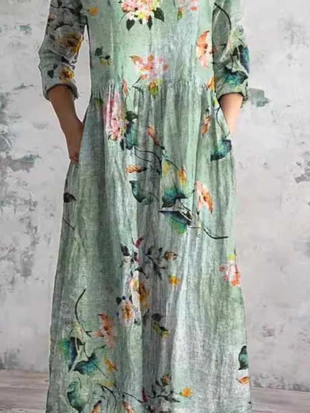 Floral V Neck Regular Fit Casual Dress With No