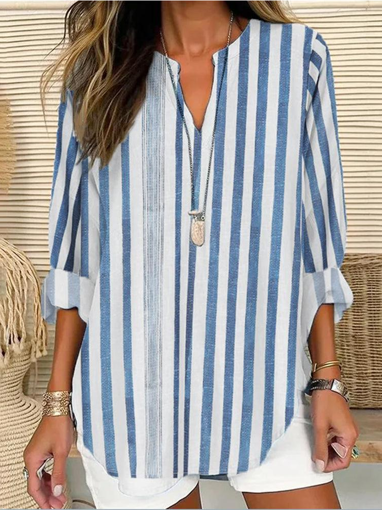 Women's Long-Sleeve Striped V-Neck Casual Shirt