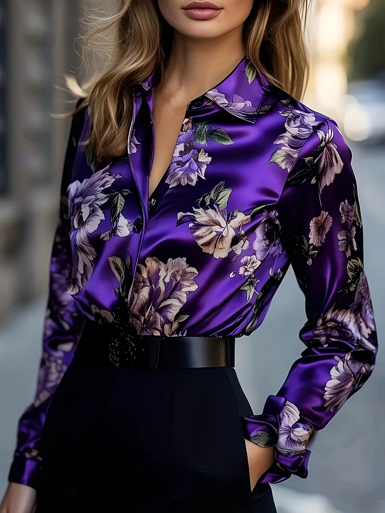 Women's Long Sleeve Shirt Spring/Fall Purple Floral Shawl Collar Daily Going Out Casual Top