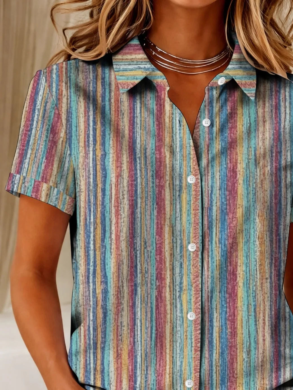 Women's Short Sleeve Shirt Summer As Picture Abstract Stripes Printing Shirt Collar Daily Going Out Casual Top